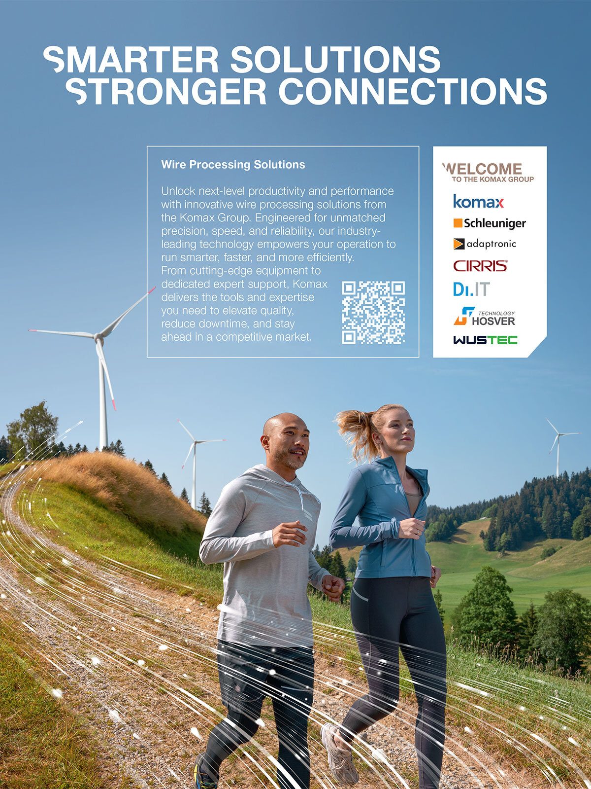 Two people jogging outdoors with wind turbines, accompanied by text on wire processing solutions and company logos.