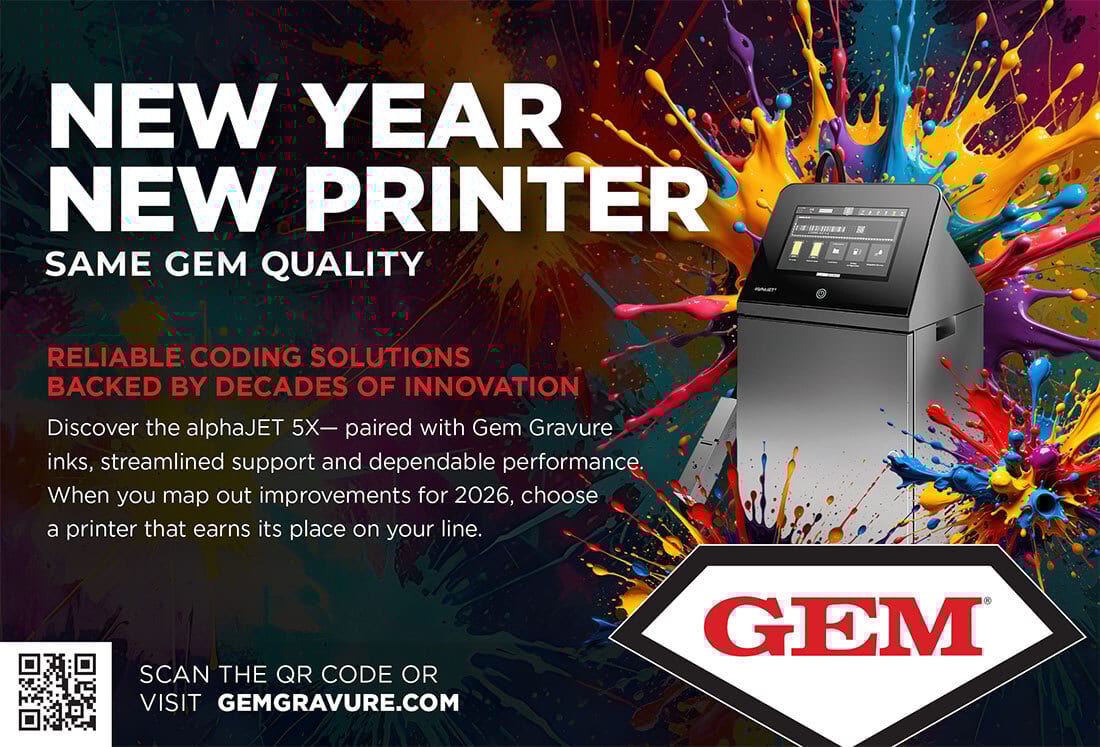 Ad for Gem Gravure's alphaJET 5X printer with vibrant ink splashes, text, and QR code.