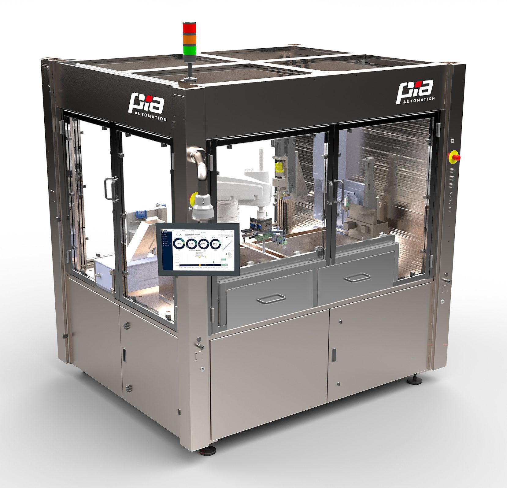 A sophisticated PIA Automation machine, featuring a robotic arm, control panel, and indicator lights.