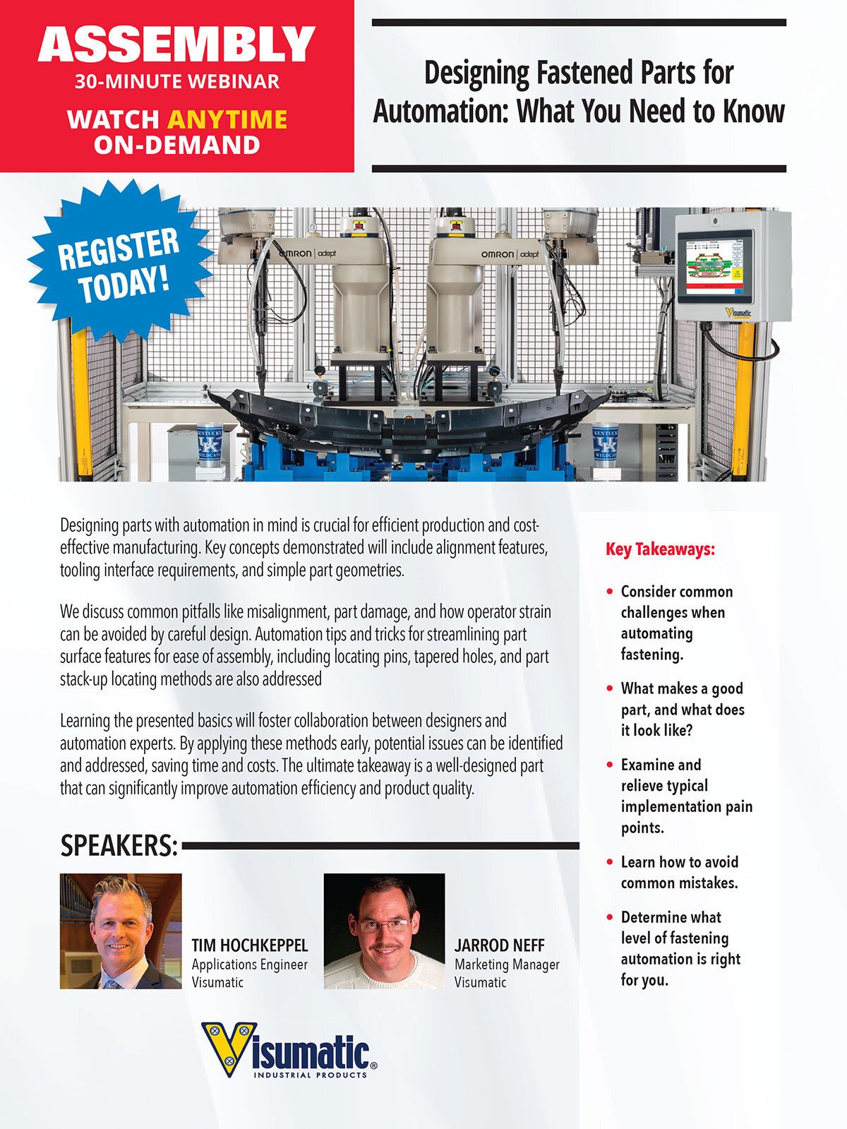 Ad for Visumatic's webinar: "Designing Fastened Parts for Automation," featuring speakers.