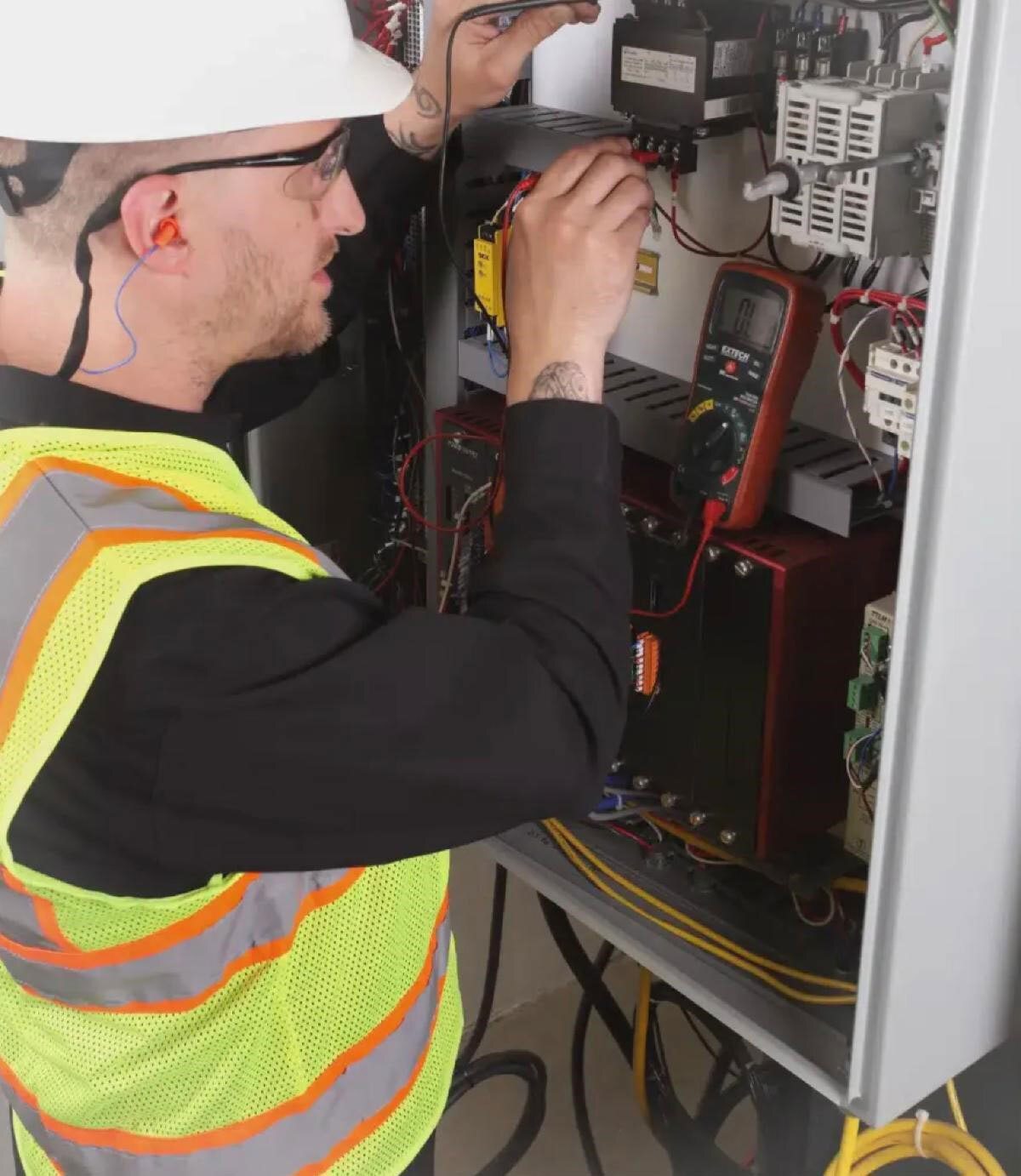 Electrical contractor, Electrician, Workwear, Engineer, Gesture, Yellow