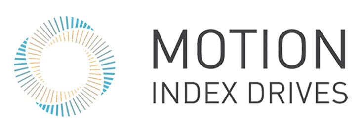 "MOTION INDEX DRIVES" logo: Blue and gold circular abstract design.