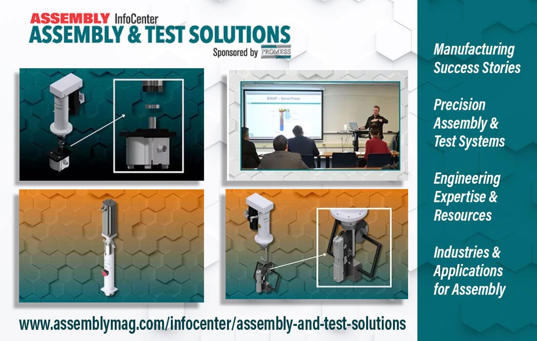 ASSEMBLY & TEST SOLUTIONS ad with industrial equipment, presentation, and topic list.