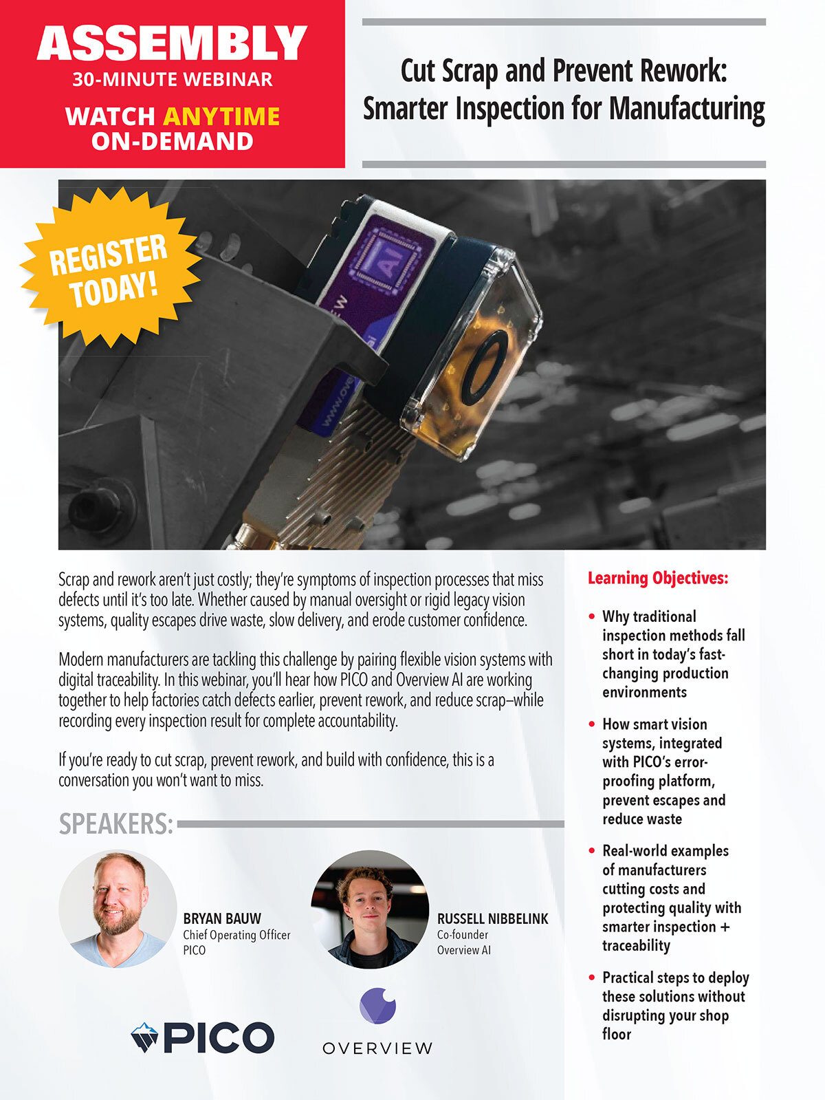 Webinar ad: Cut Scrap & Rework with Smarter Inspection by PICO & Overview AI for Mfg.
