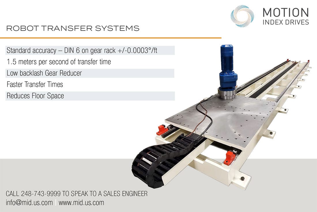 A long industrial robot transfer system with a motorized platform and cable management.
