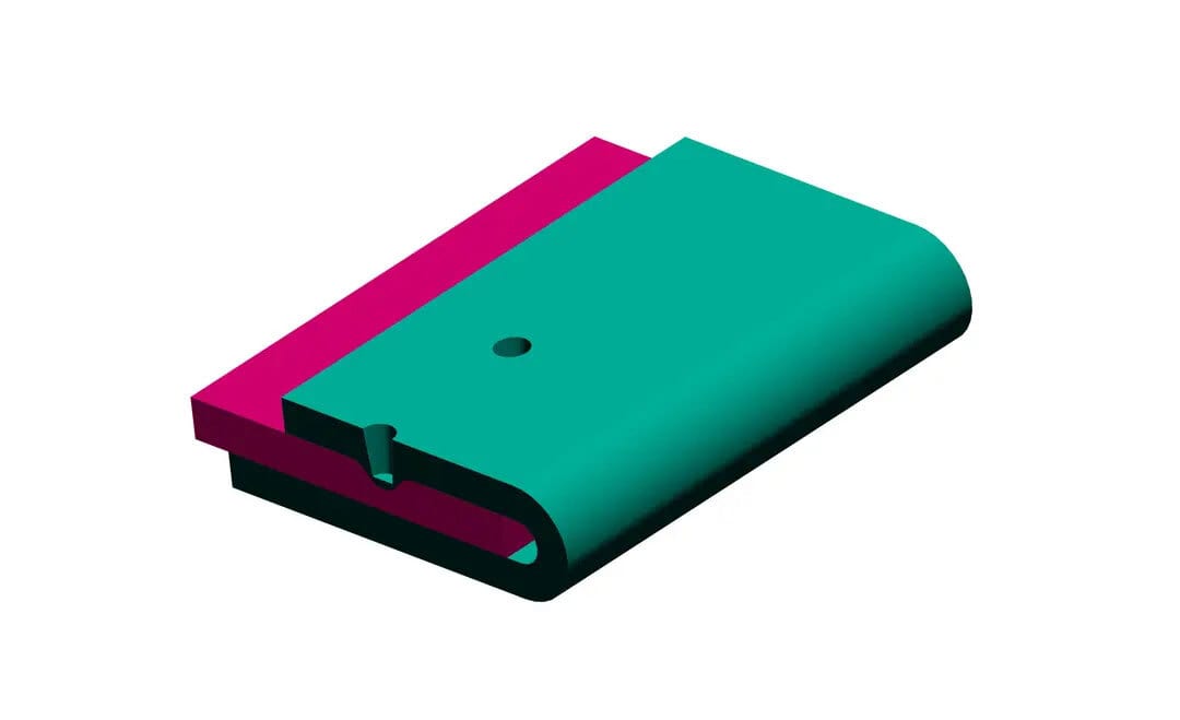 3D CAD model of two layered components, one magenta and one teal with a rounded top and holes.