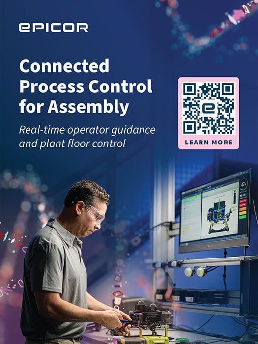 Epicor ad: Man assembling with real-time digital guidance on a screen, promoting connected process control.