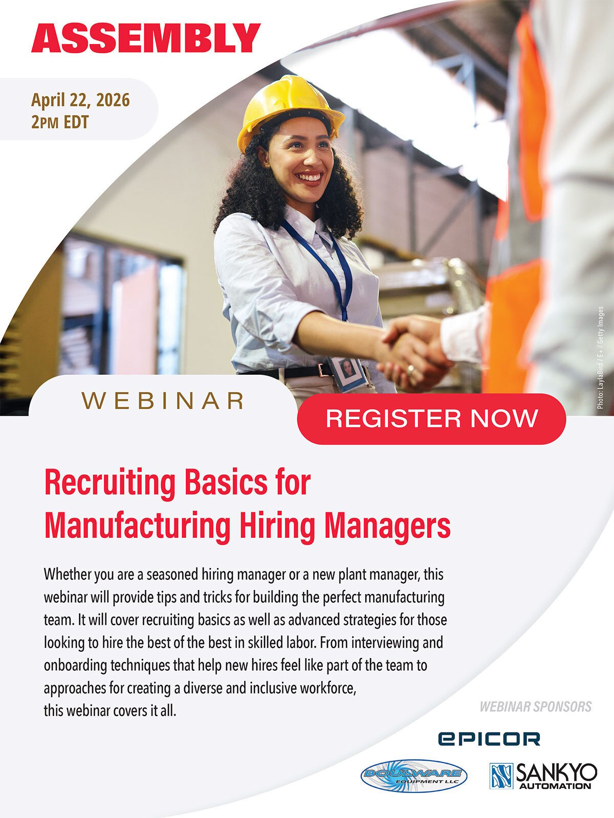 Webinar on April 22, 2026, about recruiting and hiring strategies for manufacturing managers.