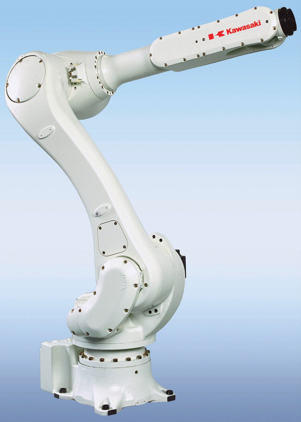 White Kawasaki industrial robot arm.