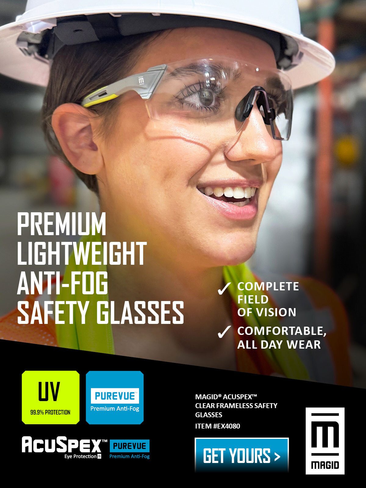 Woman wearing Magid Acuspex anti-fog safety glasses, promoting lightweight design, UV protection, & comfort.