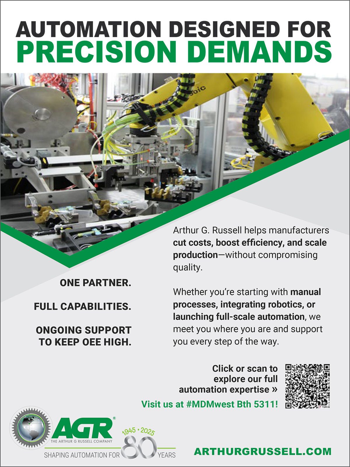 Ad for Arthur G. Russell: Industrial robot for precision automation demands.
