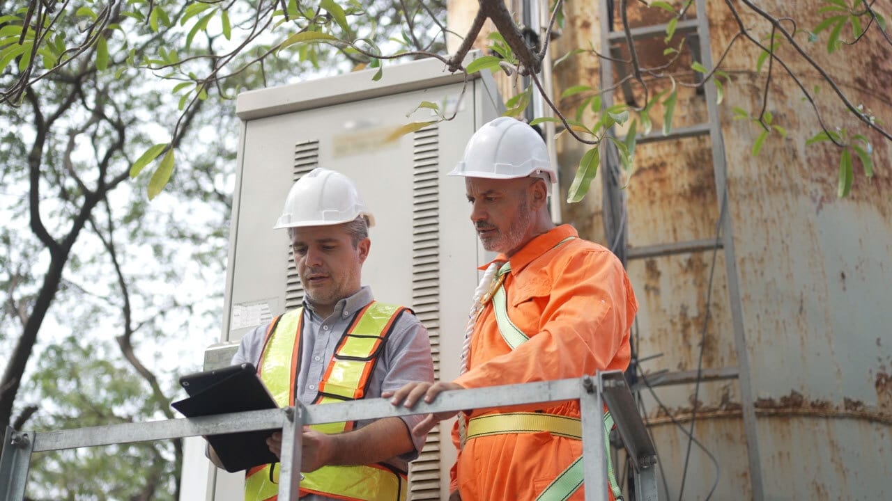 Two engineers in hard hats inspect industrial equipment with a tablet.