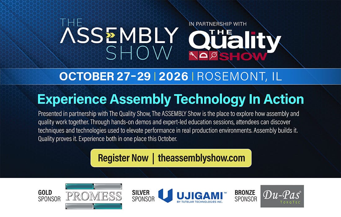 Ad for The Assembly & Quality Show on Oct 27-29, 2026 in Rosemont, IL. Experience assembly tech.