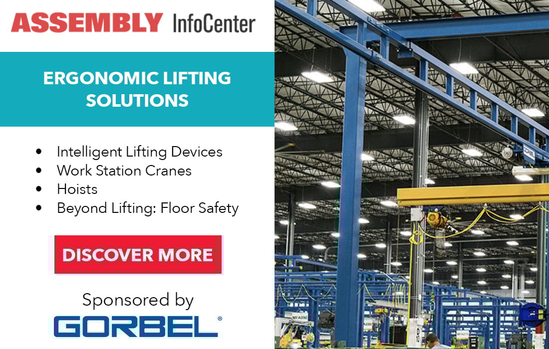 Ad for ergonomic lifting solutions showing a factory with cranes, sponsored by Gorbel.