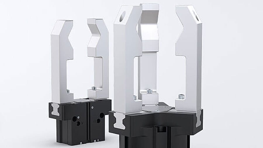 Robotic grippers: one 2-finger, one 3-finger, silver and black.