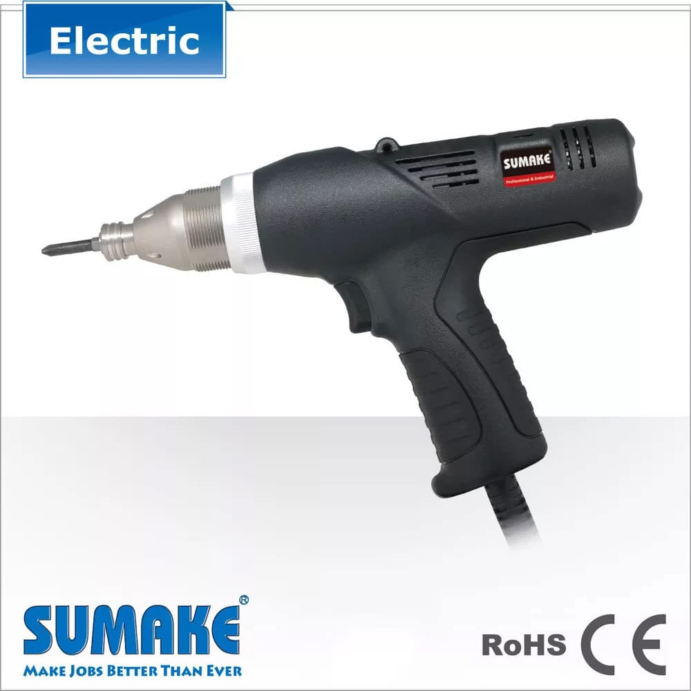 Black electric screwdriver by SUMAKE, labeled "Electric", RoHS, CE.