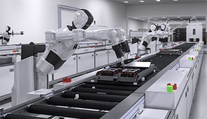 Robotic assembly line in a clean factory.