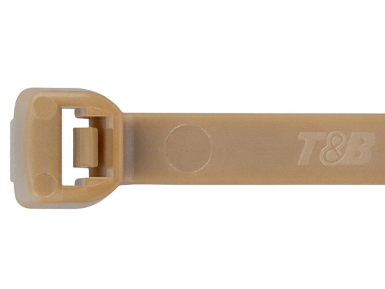 Close-up of a single beige/tan cable tie, highlighting its locking head mechanism and 'T&B' brand.