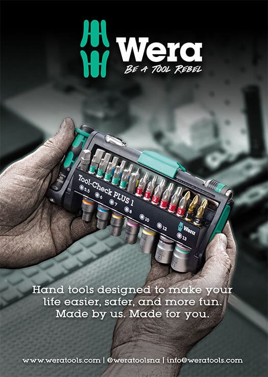 Hands holding a Wera Tool-Check PLUS 1 set. Wera logo and "BE A TOOL REBEL" slogan.