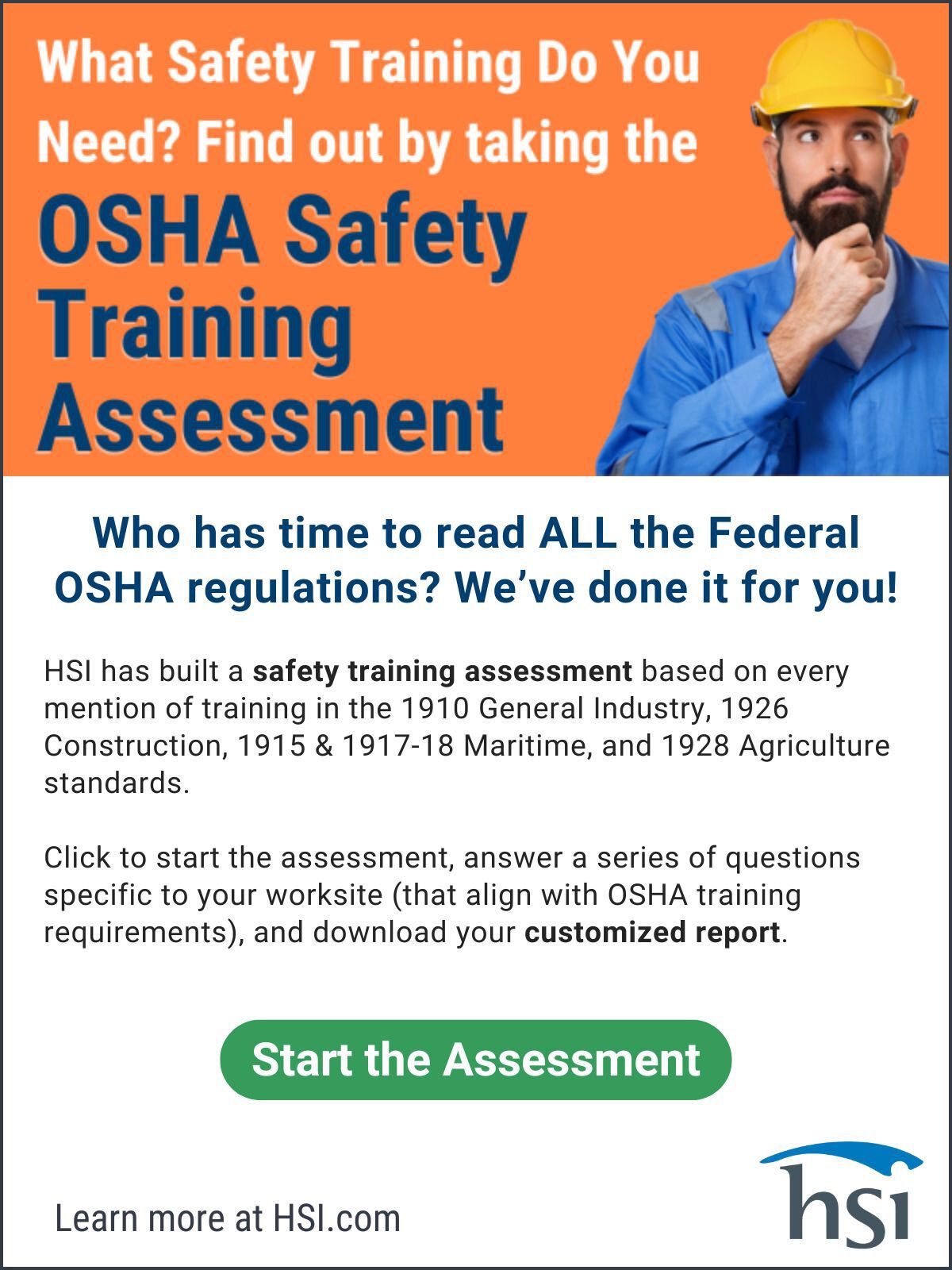 Ad for an OSHA Safety Training Assessment featuring a man in a hard hat and a call to action button.