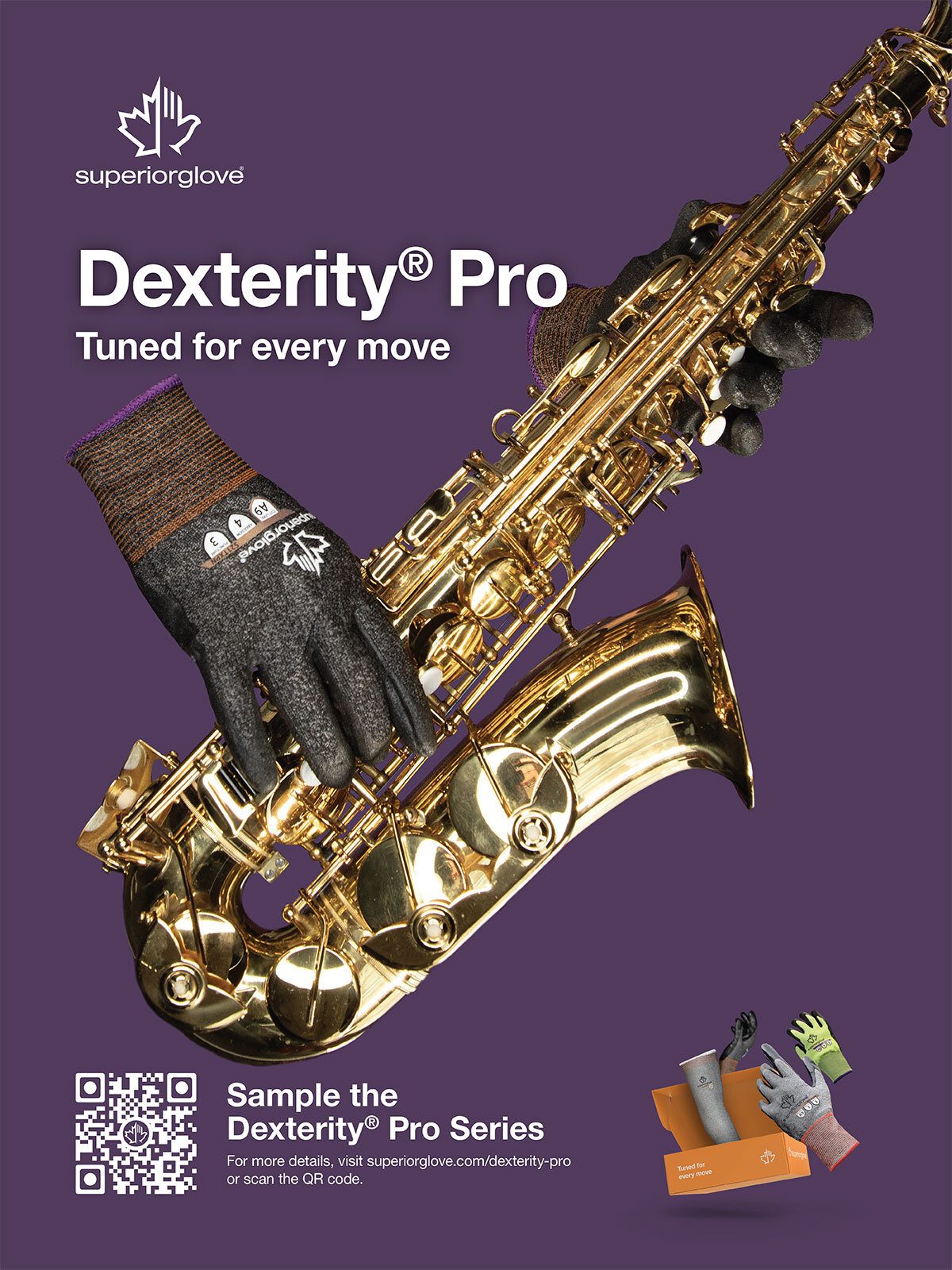 Superior Glove Dexterity® Pro gloves on a saxophone: "Tuned for every move".