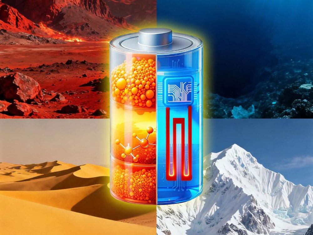 A battery powers diverse environments: arid, volcanic, underwater, and snowy mountains.