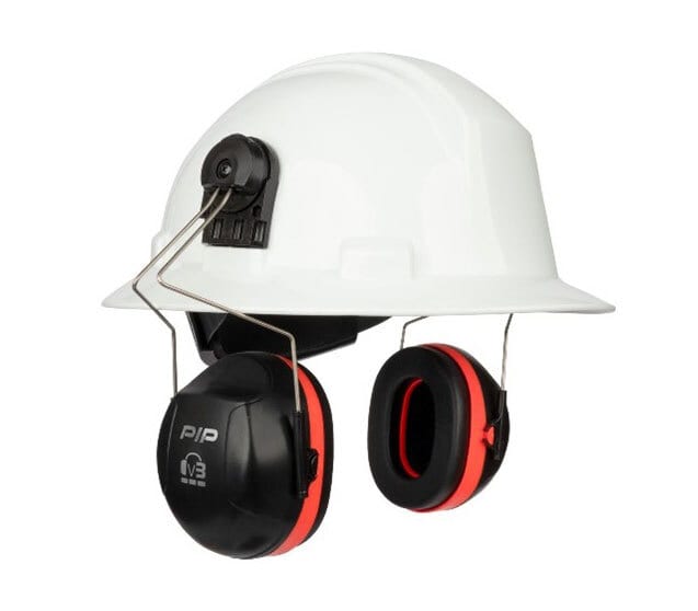 White hard hat with black and red PIP ear muffs attached.