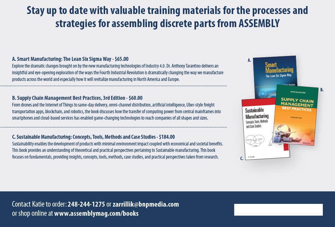 Advertisement for manufacturing training books (Smart, Supply Chain, Sustainable) with contact details.