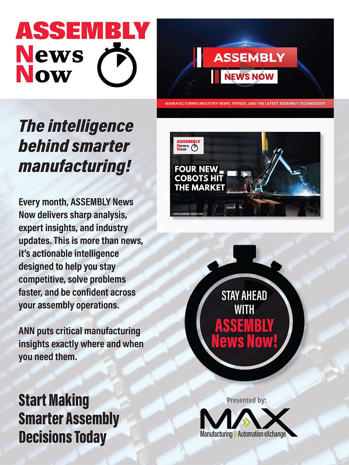Ad for "ASSEMBLY News Now" providing manufacturing intelligence, featuring cobots, presented by MAX.