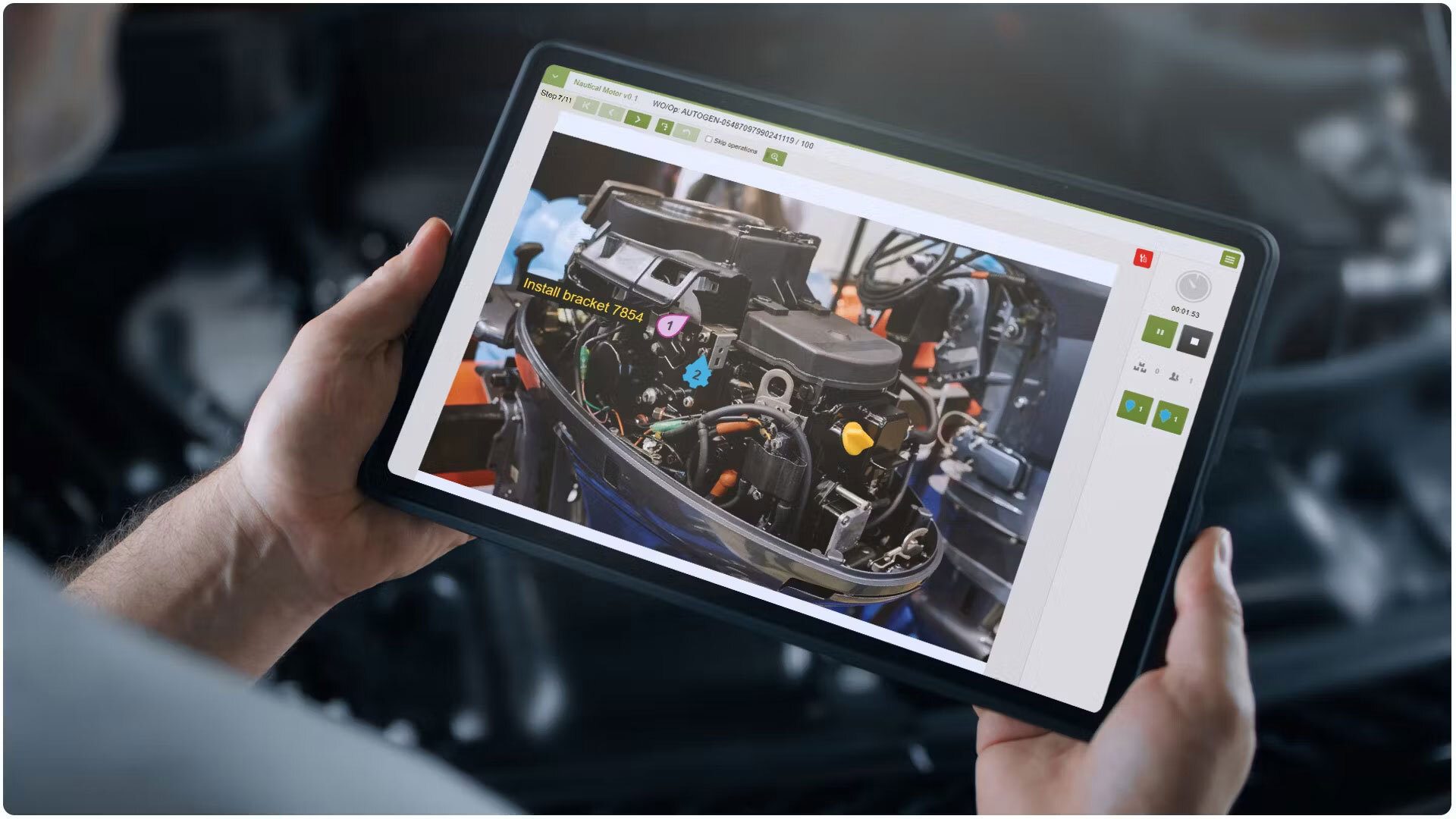 Hands hold a tablet showing digital assembly instructions for a nautical motor.