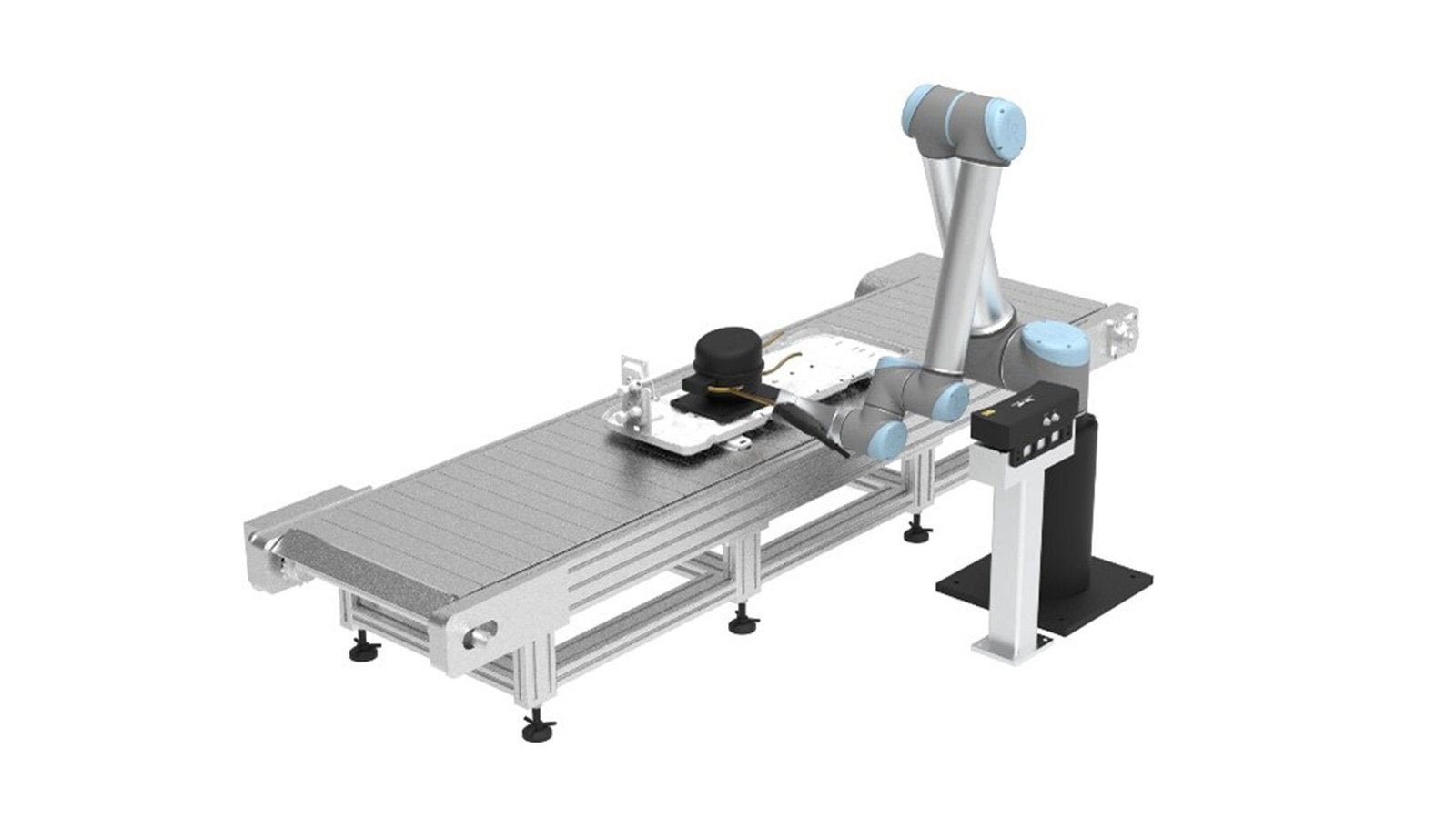 A collaborative robotic arm on a conveyor belt system for automated material handling.