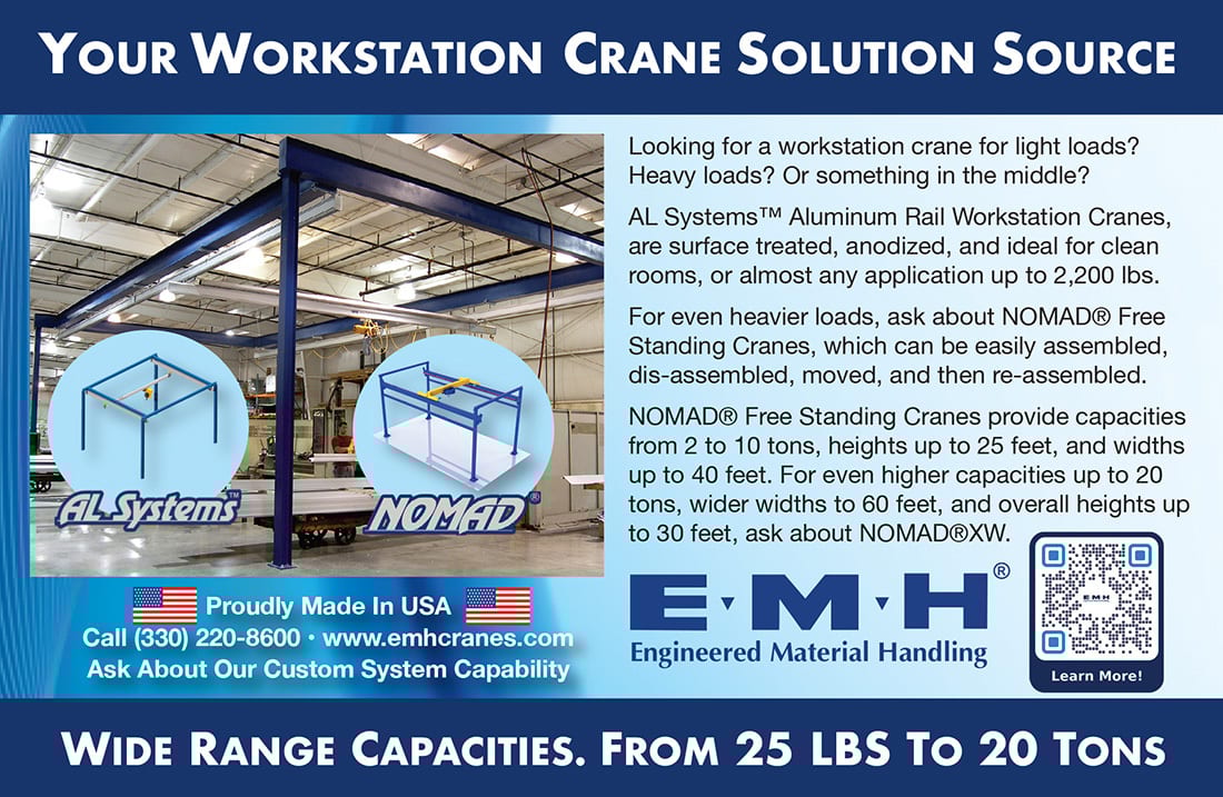 EMH Workstation Cranes ad: AL Systems & NOMAD models, capacities 25 lbs-20 tons.