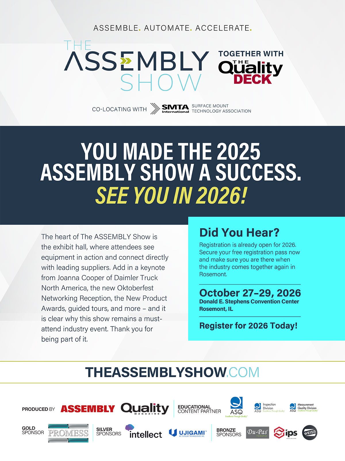 Promotional ad for The ASSEMBLY Show 2026, Oct 27-29, Rosemont, IL. Registration open now.