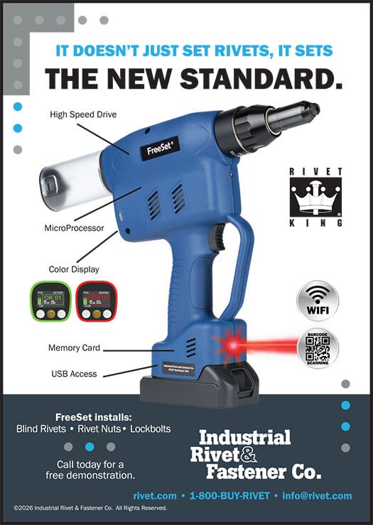 FreeSet smart rivet gun by Industrial Rivet & Fastener Co. with WiFi, barcode, and display.