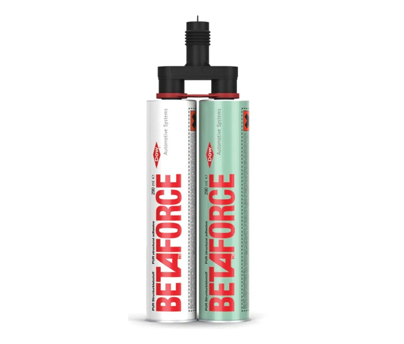 Twin cartridges of DOW BETAFORCE PUR structural adhesive with mixer, for automotive systems.