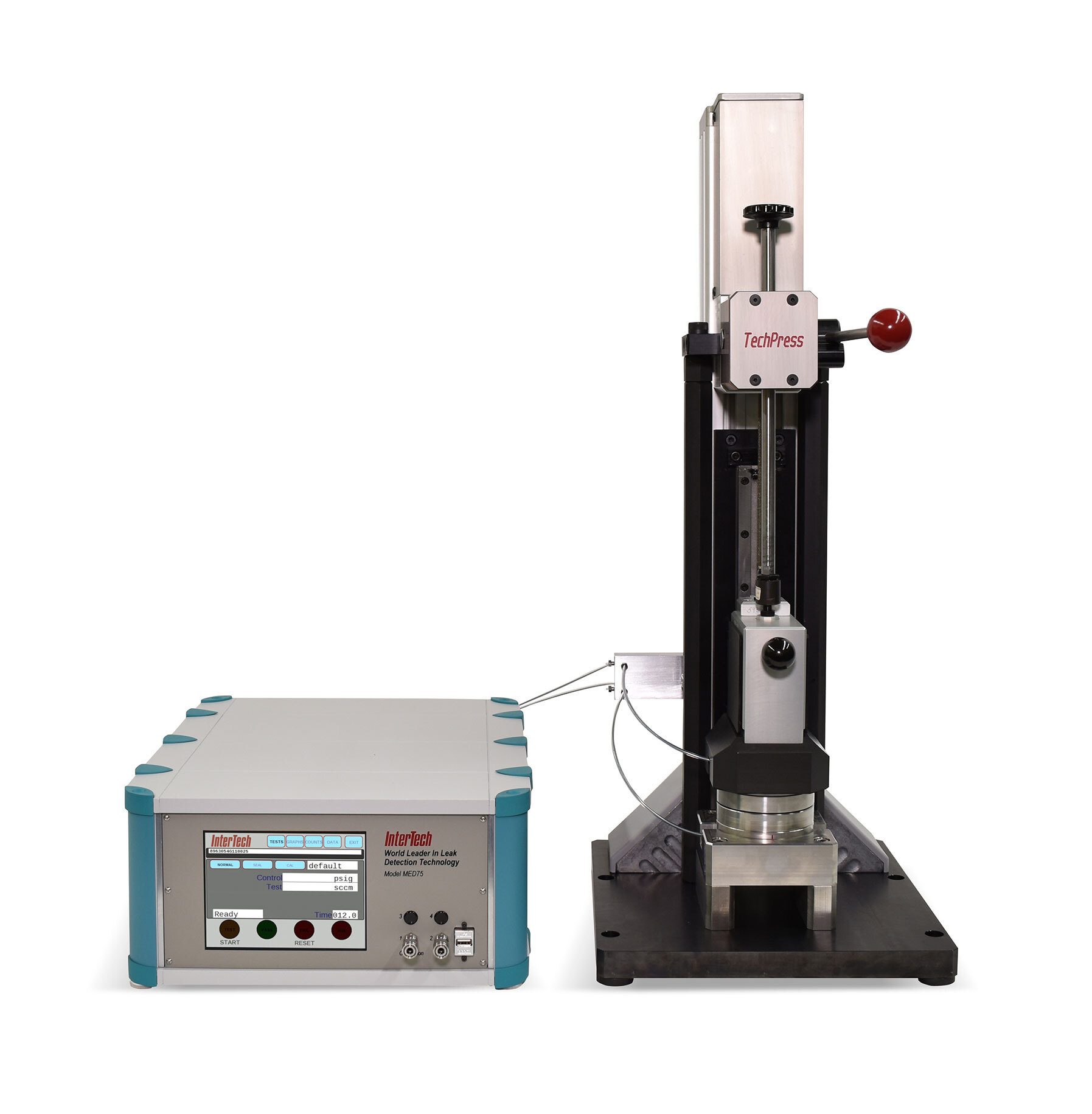 InterTech MED75 leak detection unit connected to a TechPress mechanical test fixture.