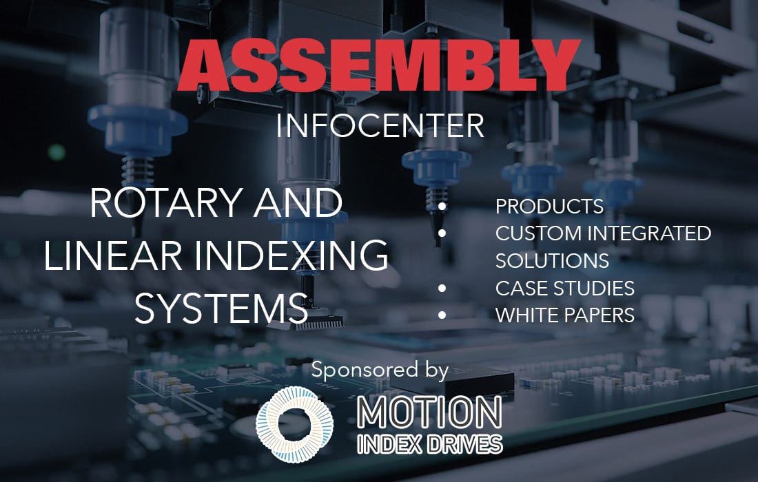 Assembly Infocenter graphic on indexing systems, sponsored by Motion Index Drives.