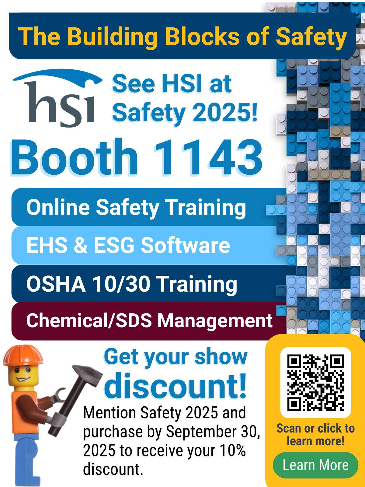 HSI's 'Building Blocks of Safety' ad for Safety 2025, Booth 1143, offering safety services & discount.