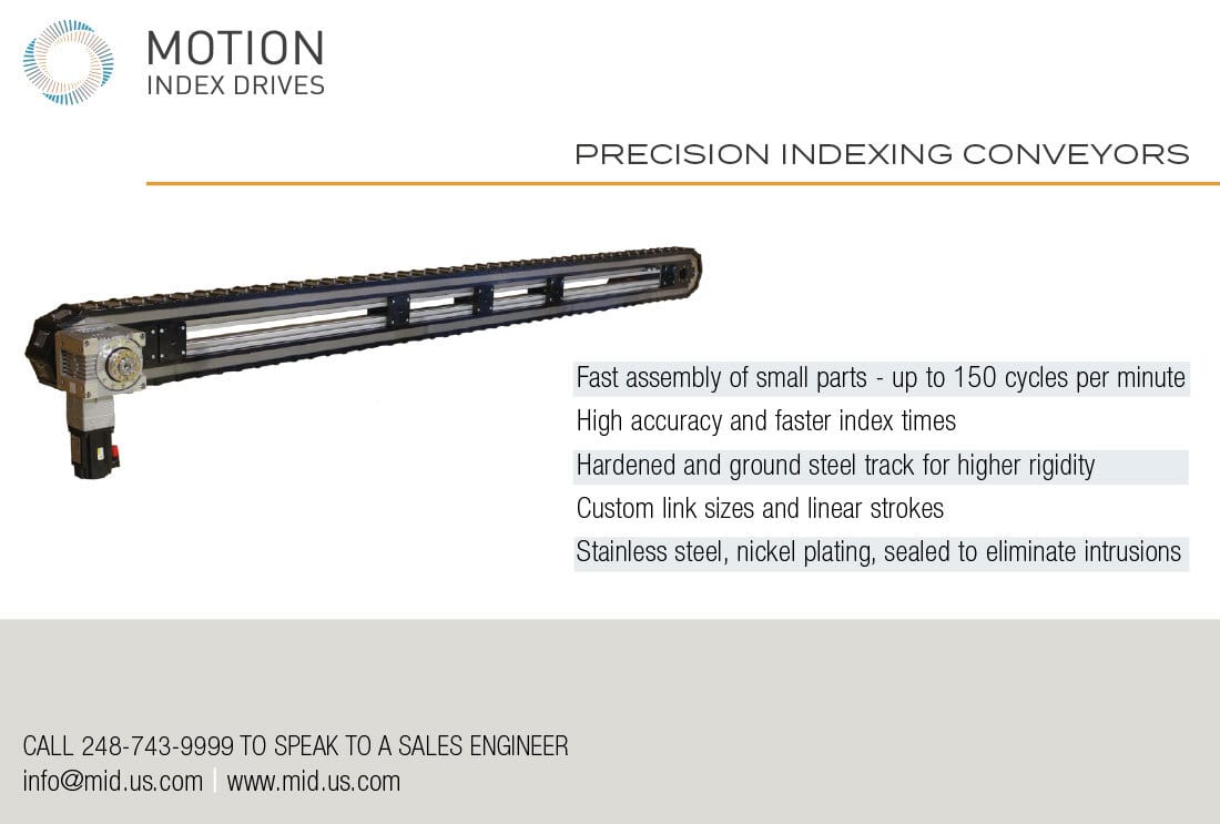 Motion Index Drives precision indexing conveyor and its features.
