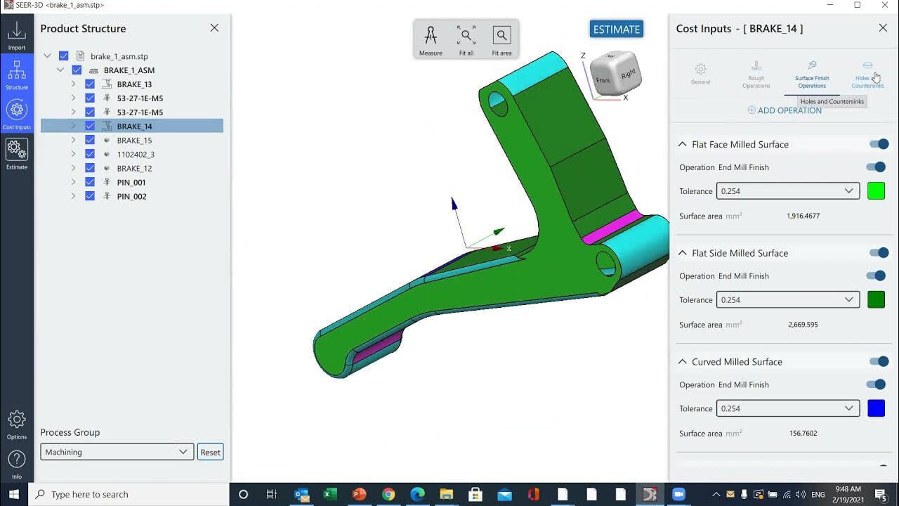 3D CAD software with a green mechanical part, product structure tree, and cost inputs for milling operations.