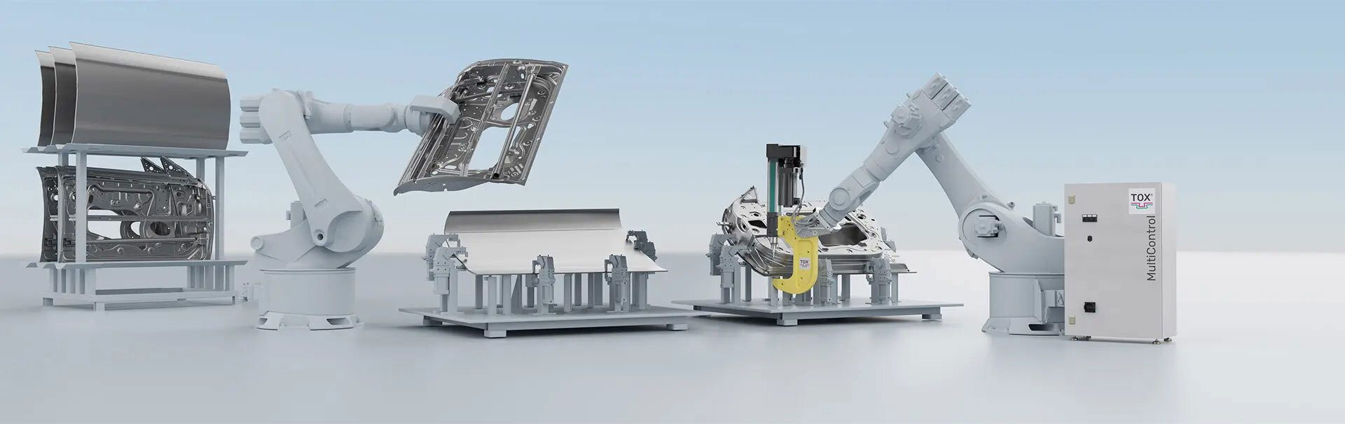 Automated car door assembly line with robotic arms performing sequential tasks from part handling to joining.