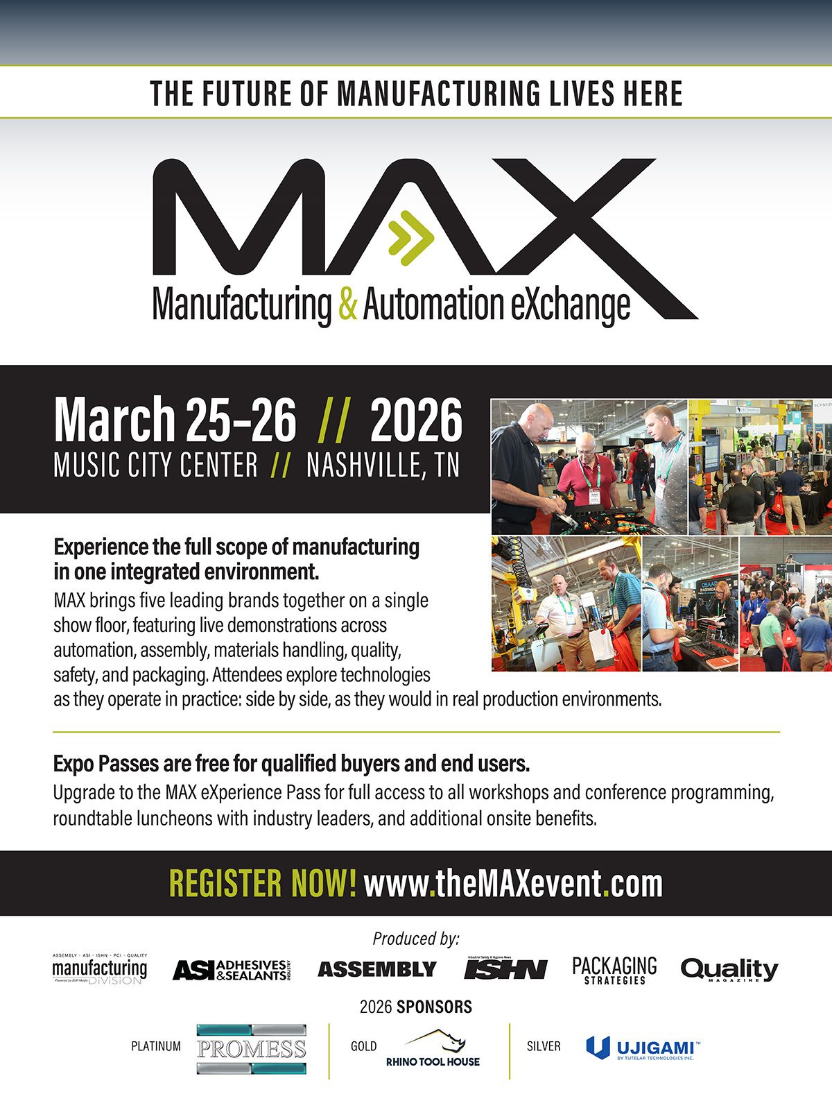Advertisement for MAX Manufacturing & Automation eXchange event in Nashville, March 25-26, 2026. Register now.