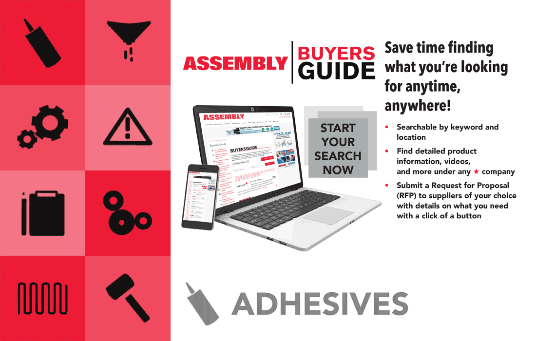 Assembly Buyers Guide promo showing laptop/phone, search features, and "ADHESIVES" category.
