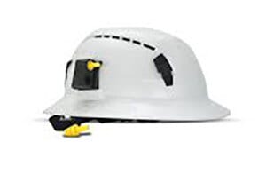 White hard hat with lamp mount and earplug clips.