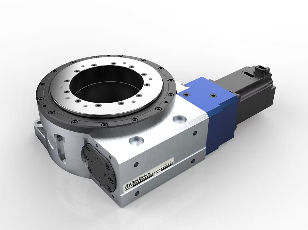 Silver and blue 'RollerDrive' rotary stage with an attached motor, for precise rotation.