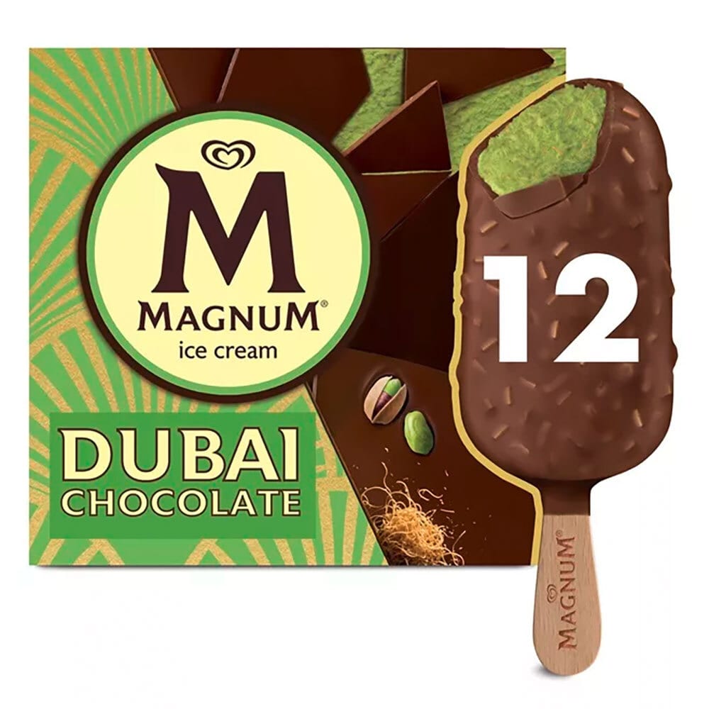 Magnum Dubai Chocolate ice cream bar, pistachio flavored, with green filling and chocolate flakes.