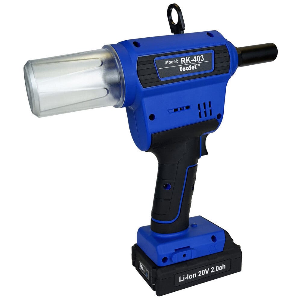 Blue and black cordless rivet gun RK-403 with a 20V Li-ion battery.