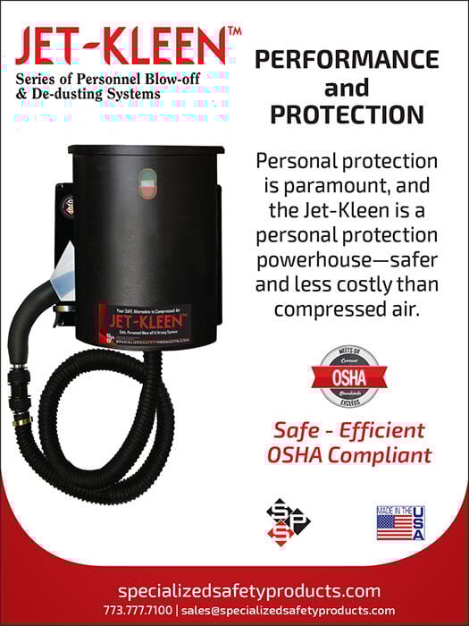 Advertisement for Jet-Kleen personnel de-dusting system, highlighting safety and OSHA compliance.