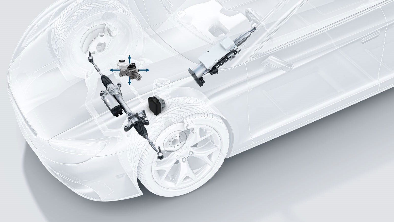 X-ray view of a car's front end, showing steering, braking, and control system components.
