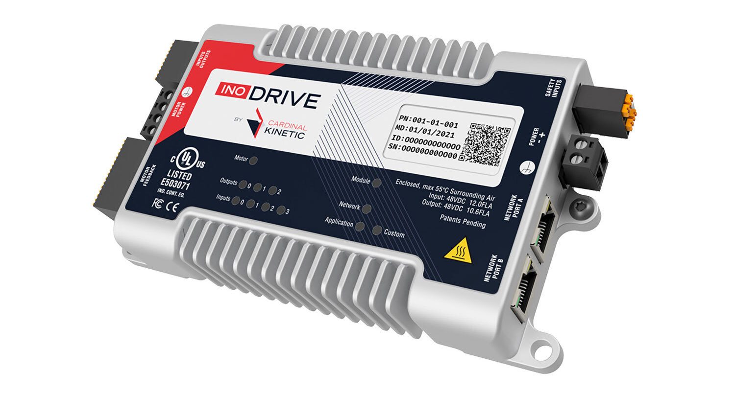 INO DRIVE industrial controller by Cardinal Kinetic, showing ports, power specs, and certifications.